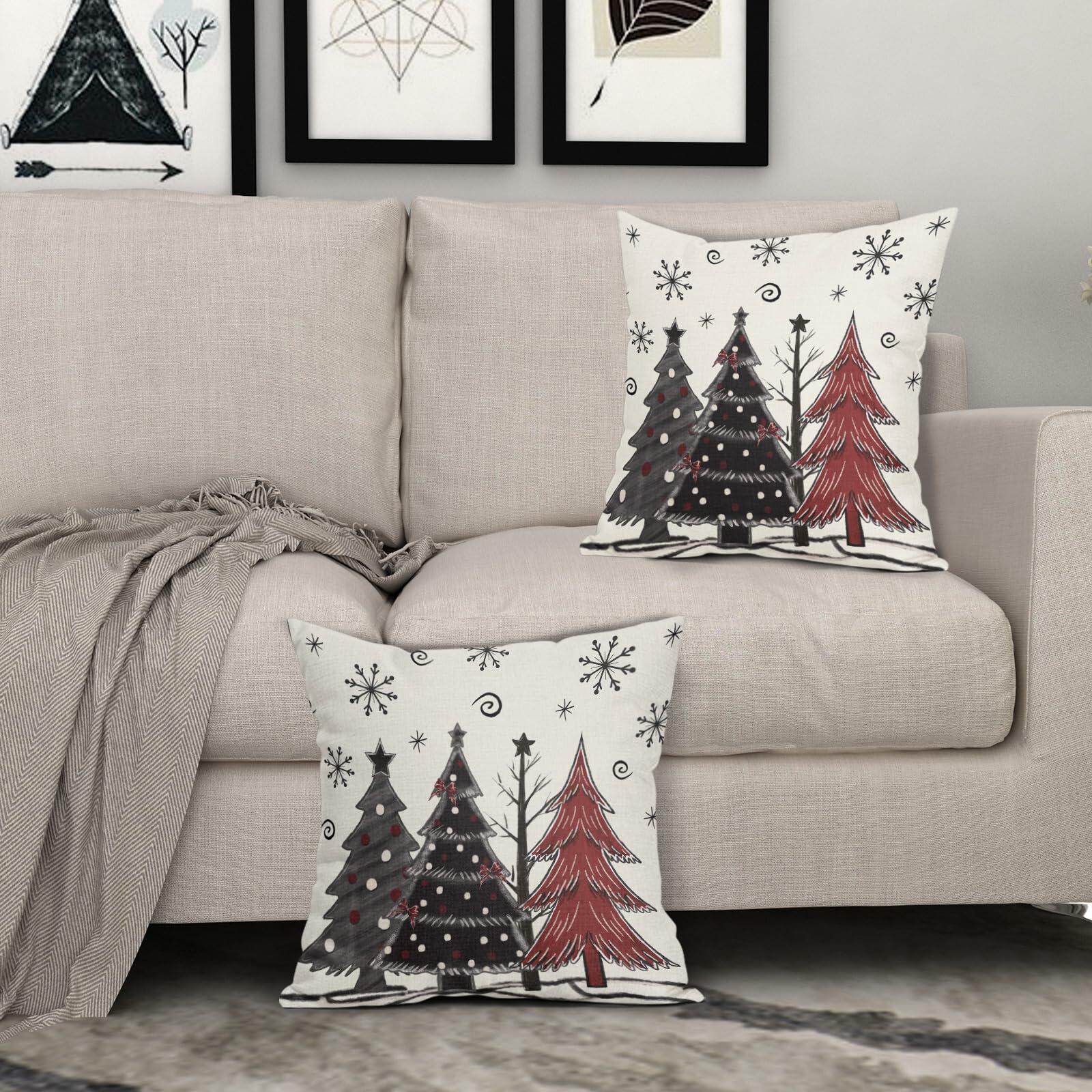 Christmas Pillow Covers Set of 2 18x18 Black Red Grey Xmas Tree Snowflakes