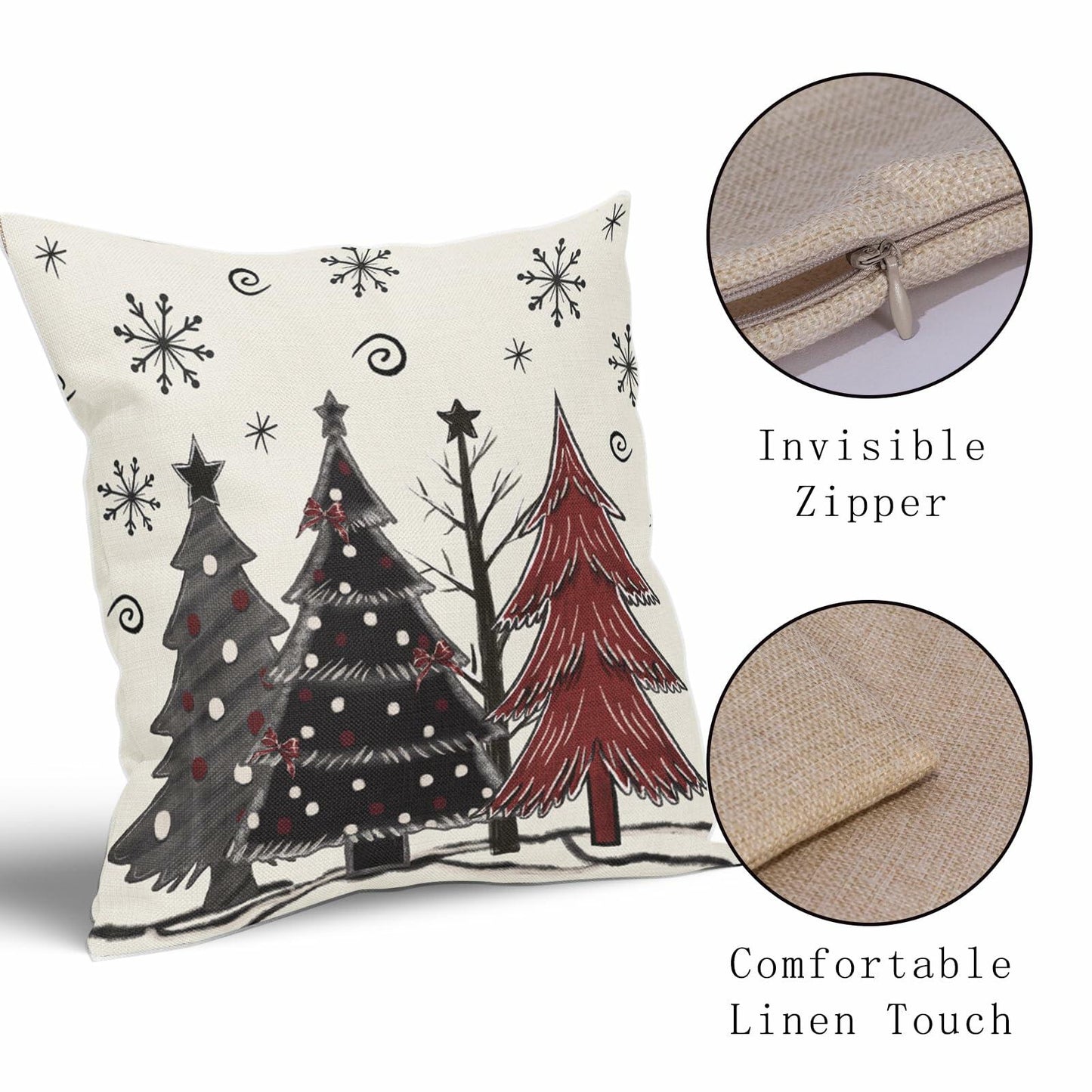 Christmas Pillow Covers Set of 2 18x18 Black Red Grey Xmas Tree Snowflakes