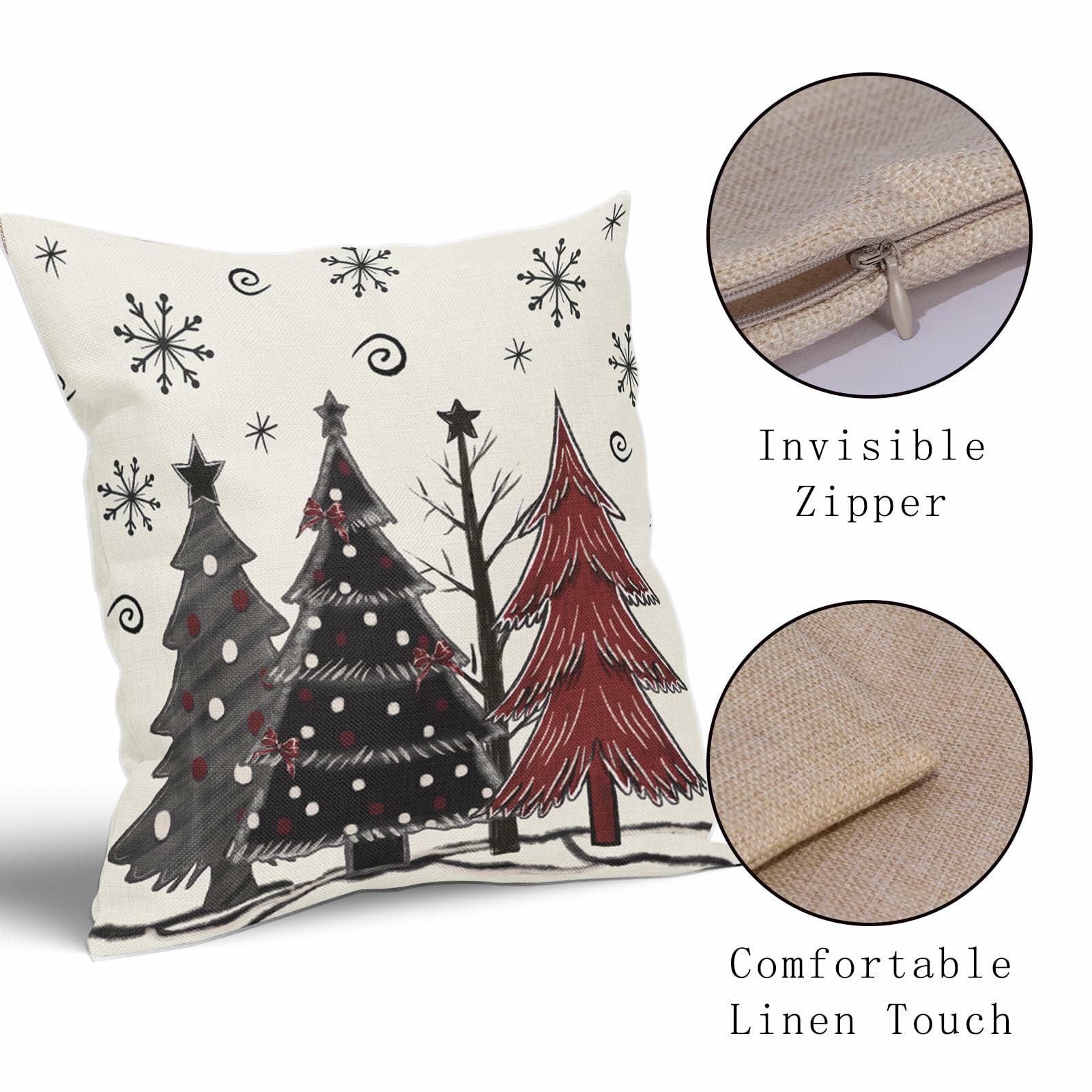 Christmas Pillow Covers Set of 2 18x18 Black Red Grey Xmas Tree Snowflakes
