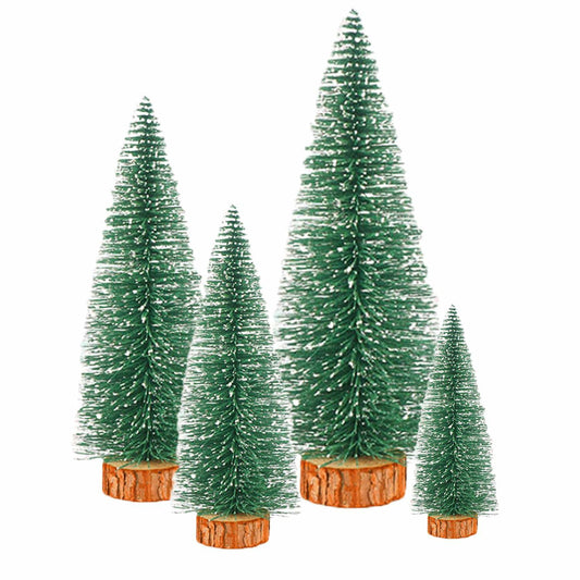 [Like_new] Bottle Brush Mini Christmas Trees Green 4pcs 4in with Snow Wooden Base