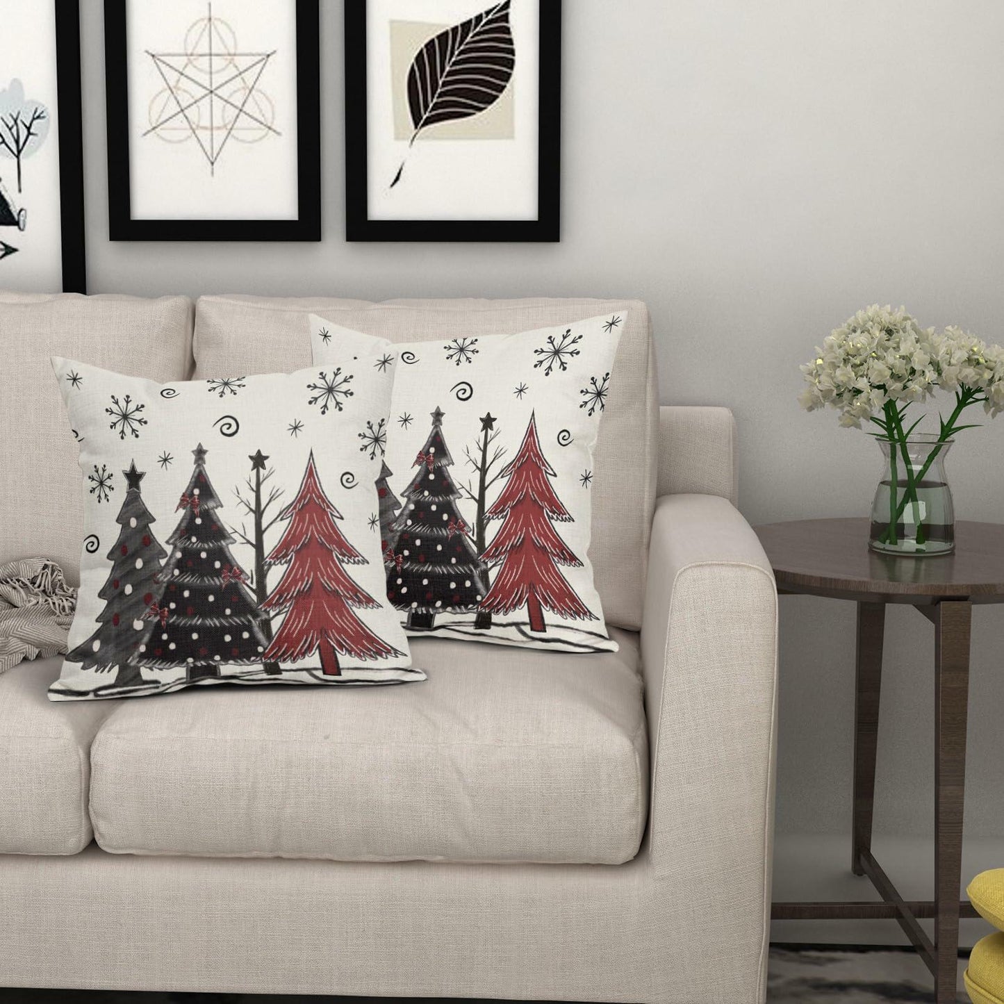 Christmas Pillow Covers Set of 2 18x18 Black Red Grey Xmas Tree Snowflakes