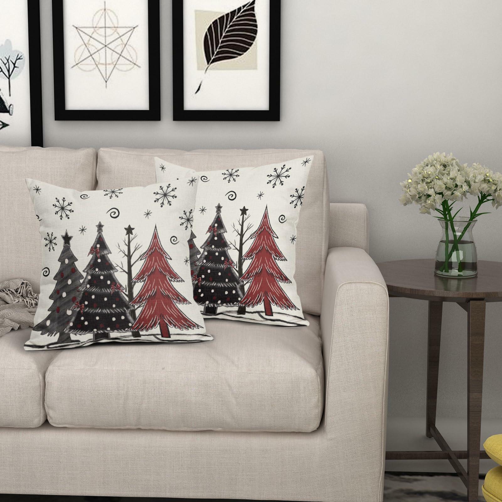 Christmas Pillow Covers Set of 2 18x18 Black Red Grey Xmas Tree Snowflakes