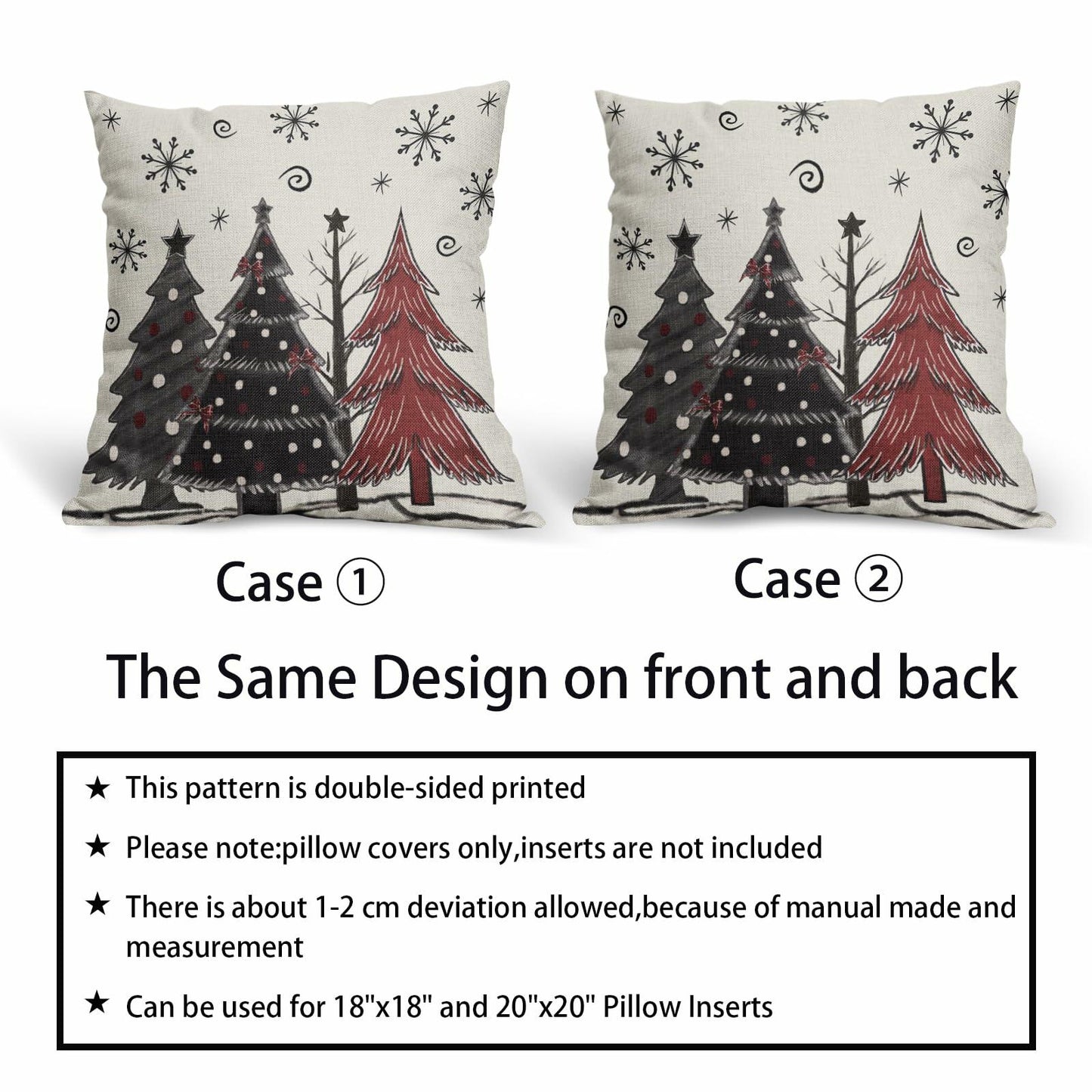 Christmas Pillow Covers Set of 2 18x18 Black Red Grey Xmas Tree Snowflakes