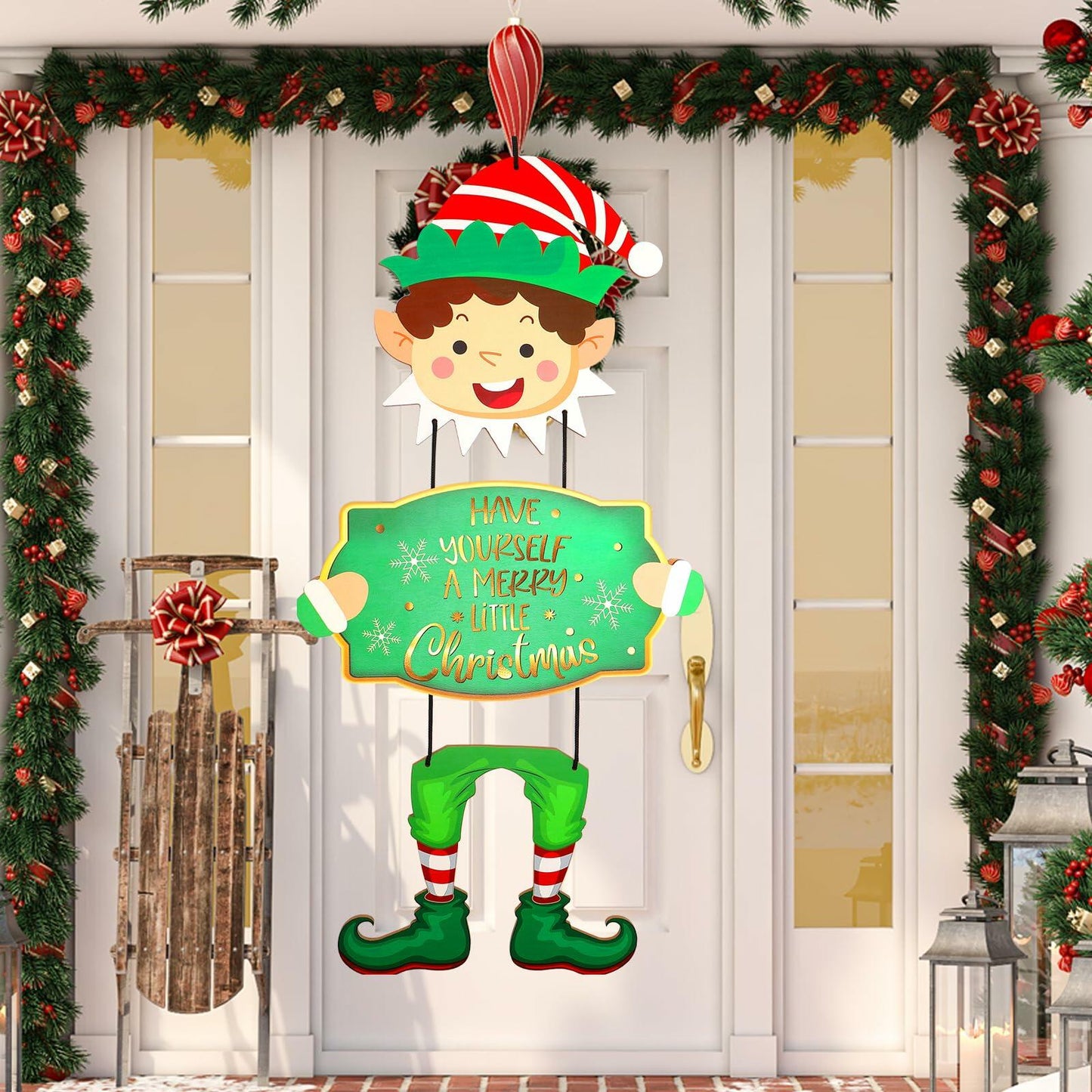 Elf Boys Hanging Sign with Lights Wooden Christmas Decor Indoor Outdoor