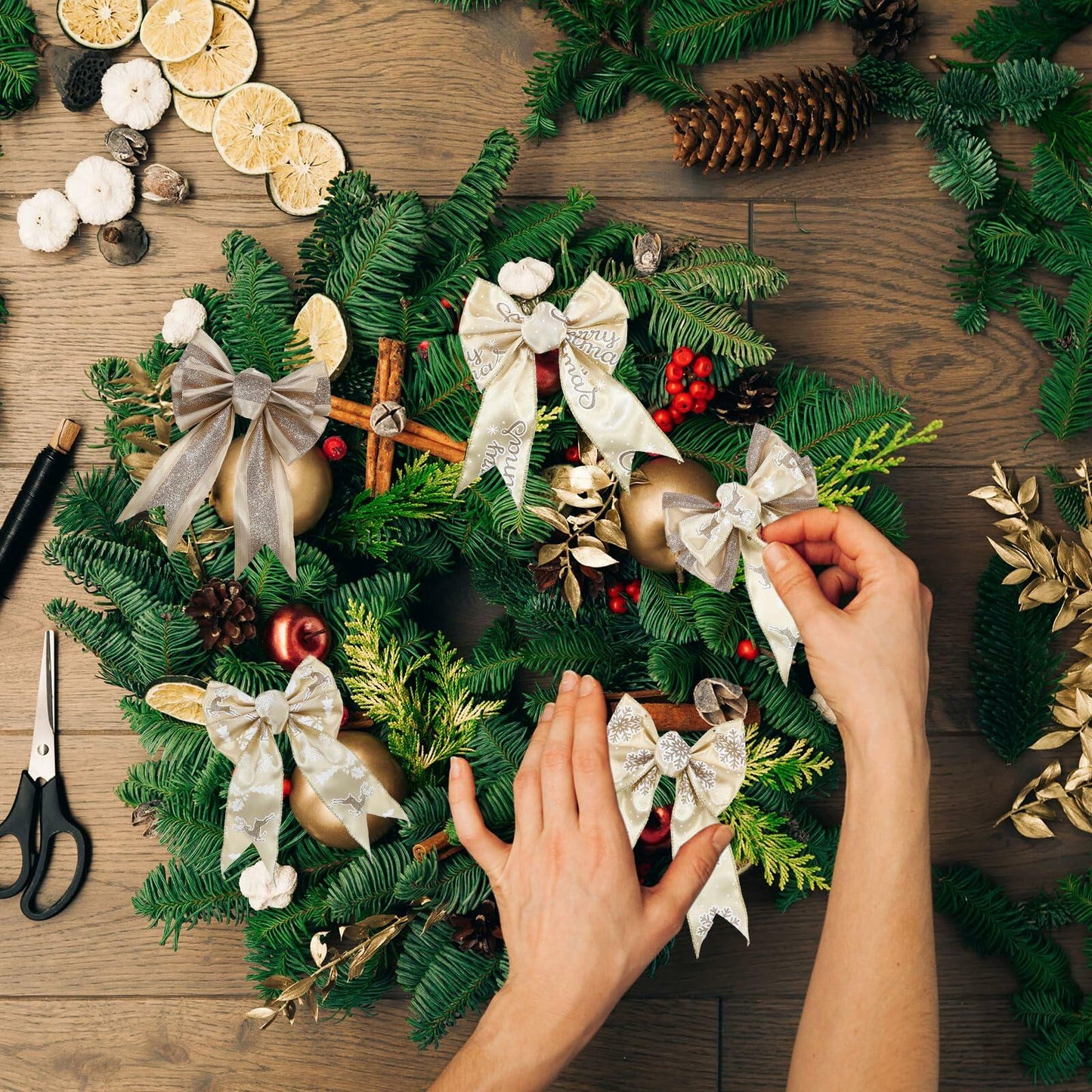 HunnmingRe Gold Wired Christmas Ribbon 2.5in 8 Rolls 48 Yards Xmas Decor