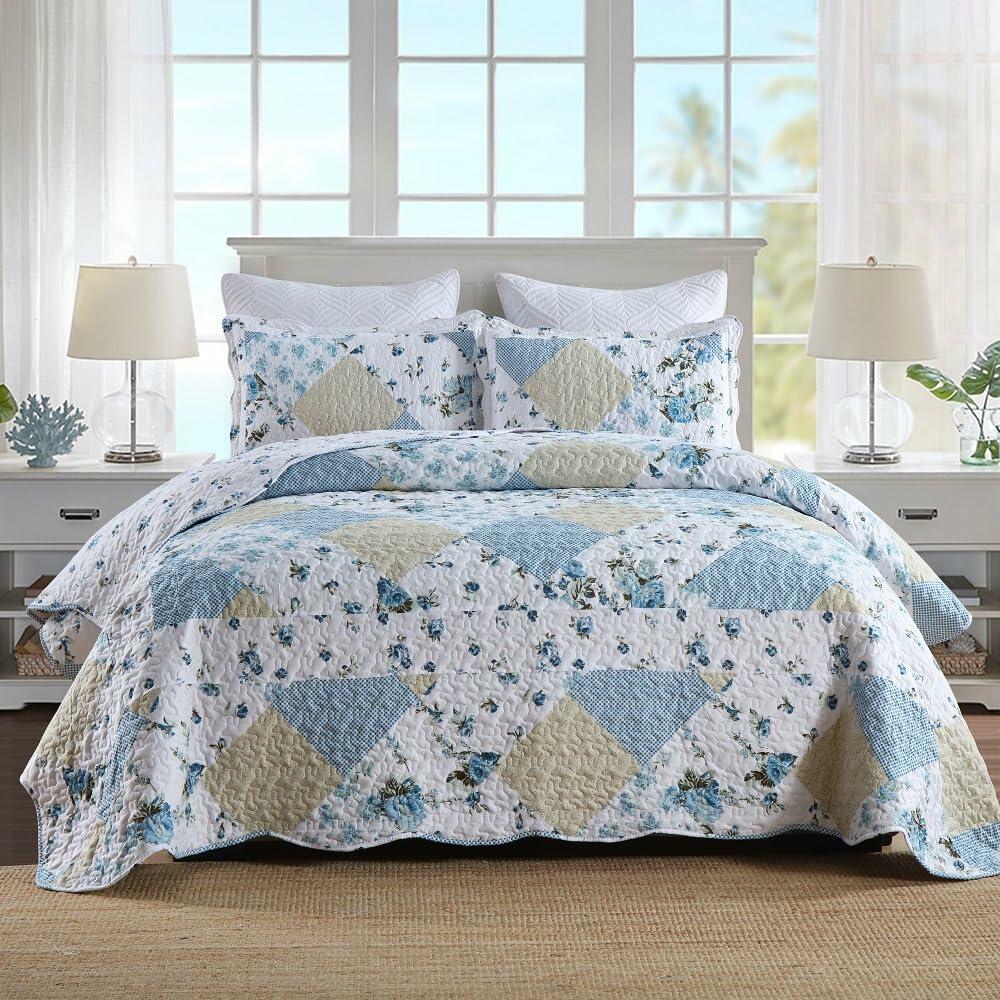 Autumn Dream Reversible Patchwork Quilt Set Blue White Rose Queen Size