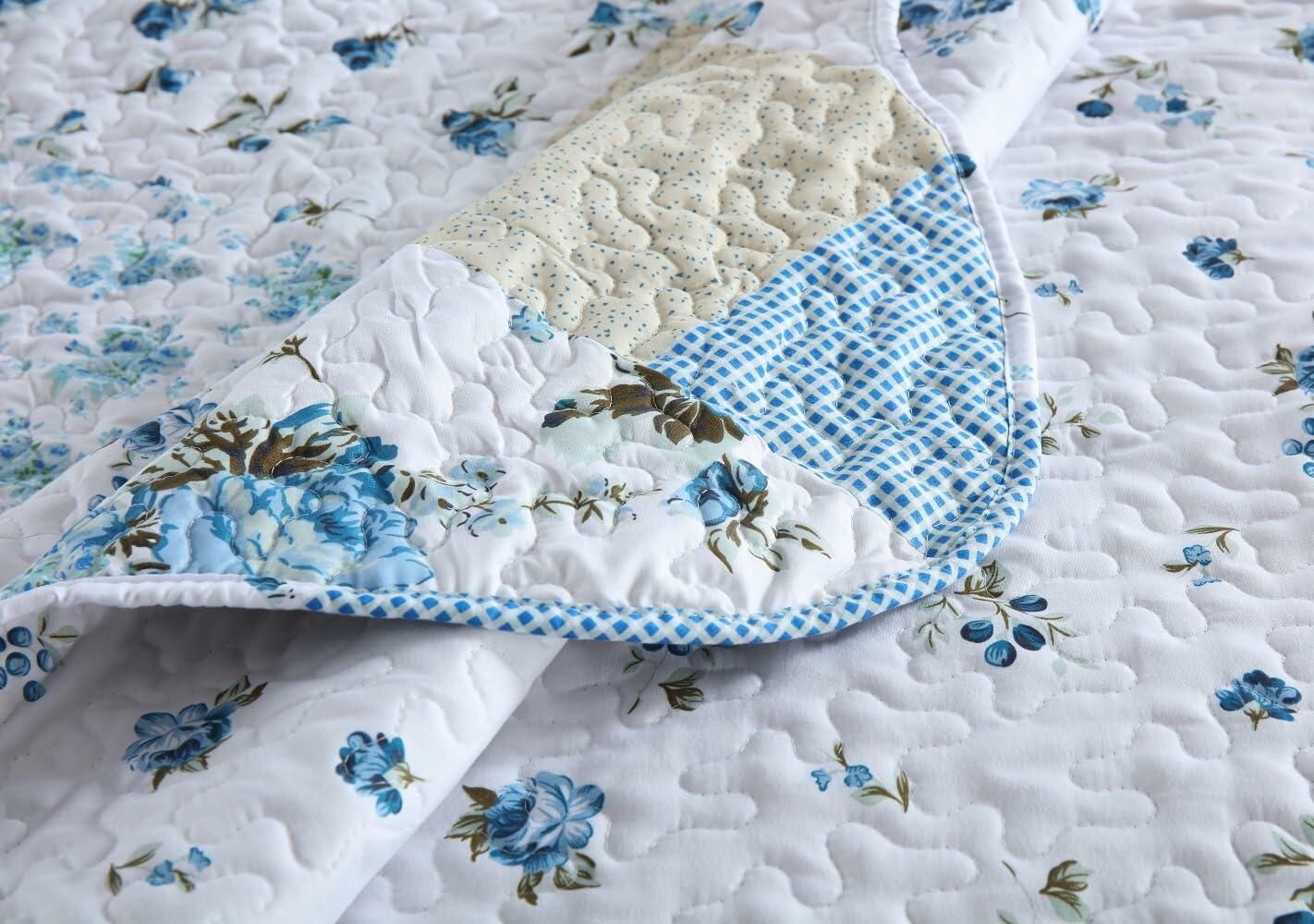 Autumn Dream Reversible Patchwork Quilt Set Blue White Rose Queen Size