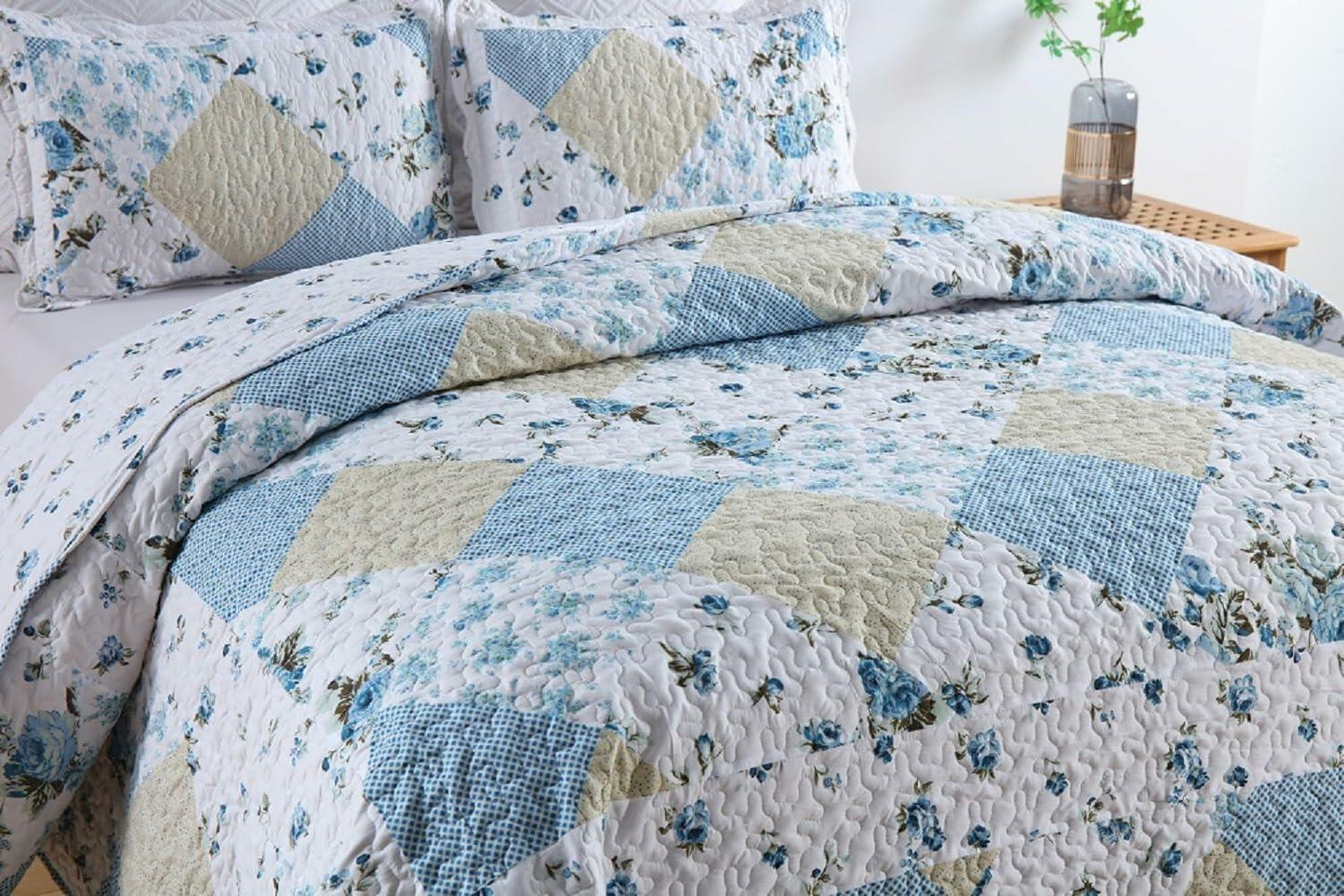 Autumn Dream Reversible Patchwork Quilt Set Blue White Rose Queen Size