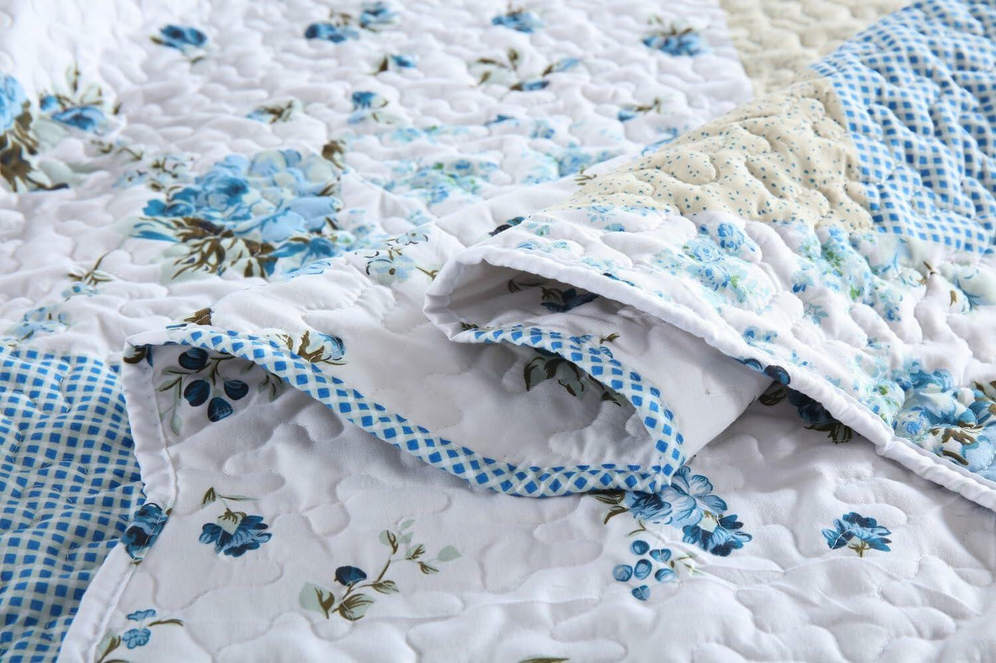 Autumn Dream Reversible Patchwork Quilt Set Blue White Rose Queen Size
