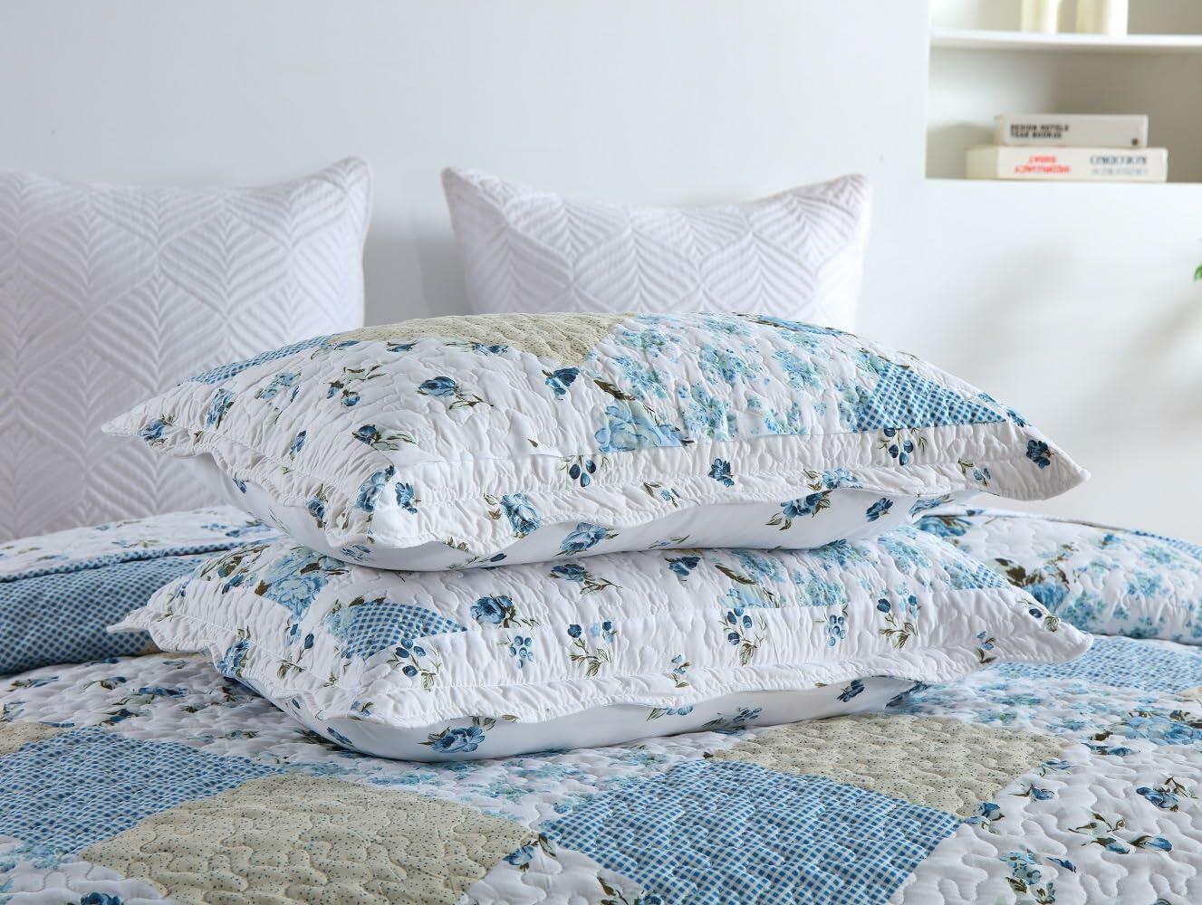 Autumn Dream Reversible Patchwork Quilt Set Blue White Rose Queen Size