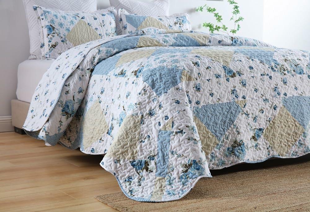 Autumn Dream Reversible Patchwork Quilt Set Blue White Rose Queen Size