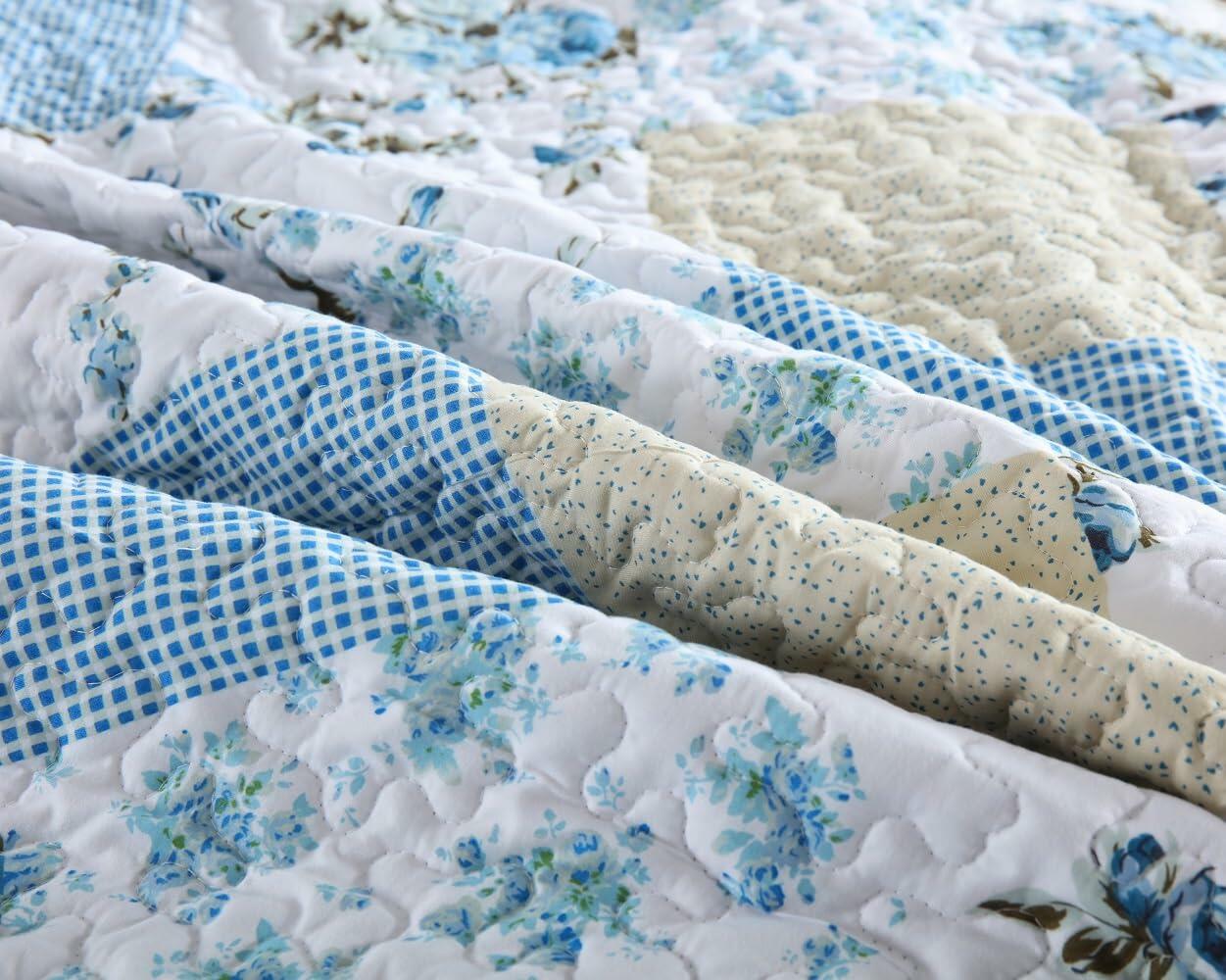 Autumn Dream Reversible Patchwork Quilt Set Blue White Rose Queen Size