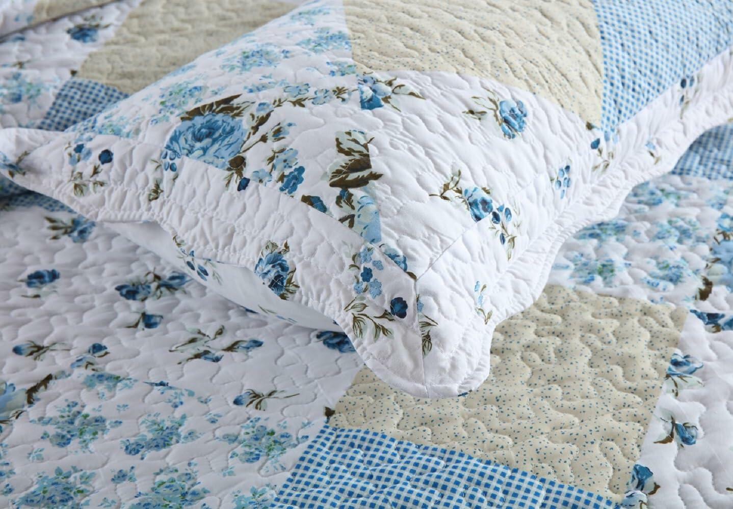 Autumn Dream Reversible Patchwork Quilt Set Blue White Rose Queen Size