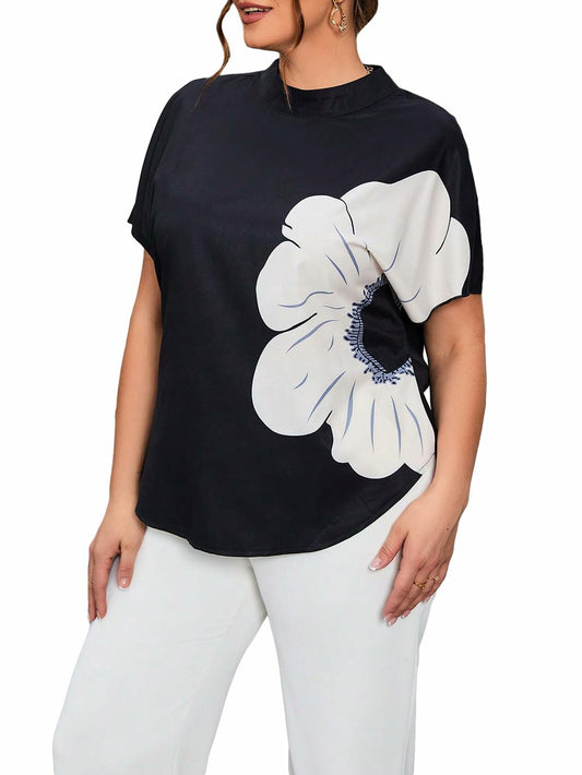 Verdusa Women's Plus Size Floral Mock Neck Keyhole Tee Black White Size 2XL