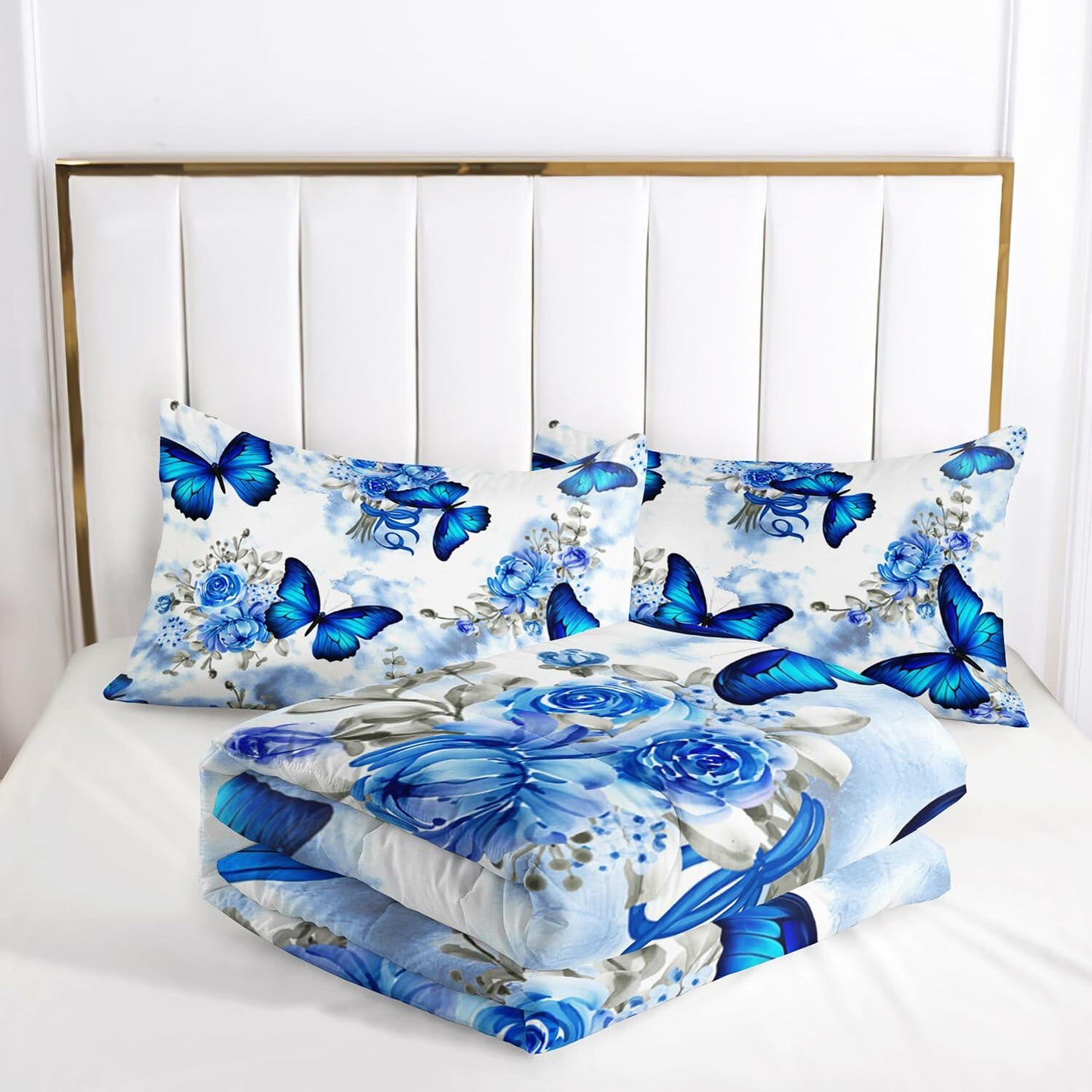 AILONEN Blue Butterfly Tie Dye Floral Comforter Set Twin 3-Piece