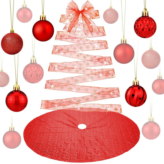 Suilung 22 Pcs Christmas Tree Skirt 46" Red Sequins Ribbon & 20 Ornaments Set