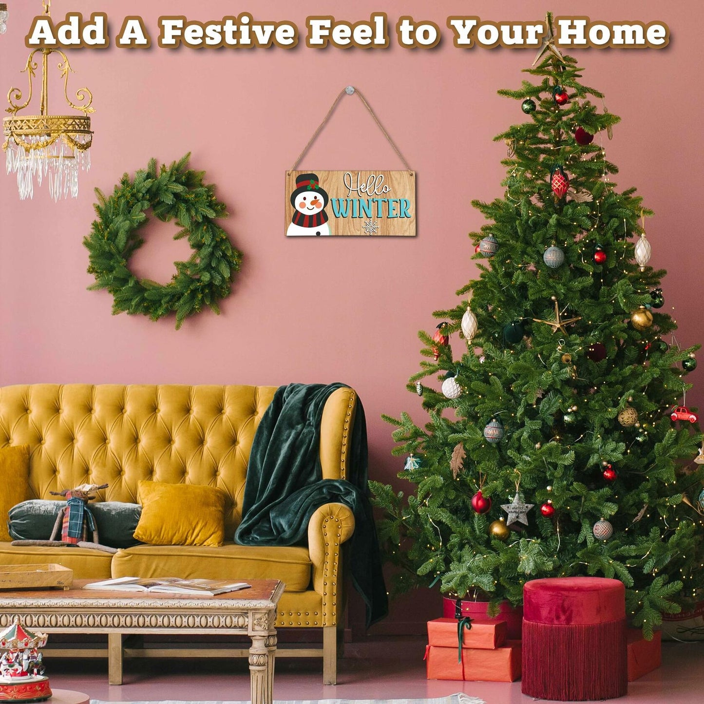 Snowman Winter Welcome Sign Front Door Decor Wooden Hanging Plaque A15