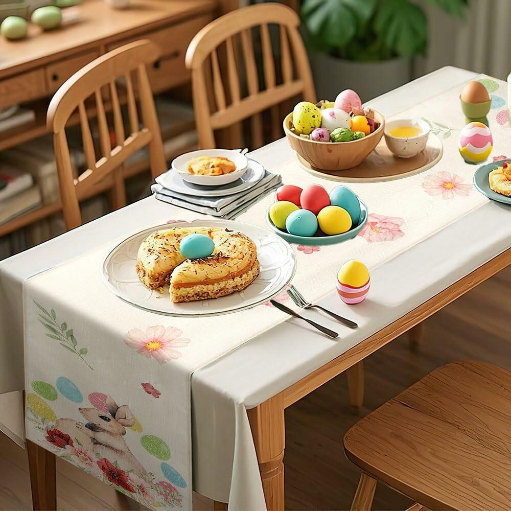 QIHOMPIB Easter Table Runner 13x72 Inch Pastel Rabbit Eggs Polyester