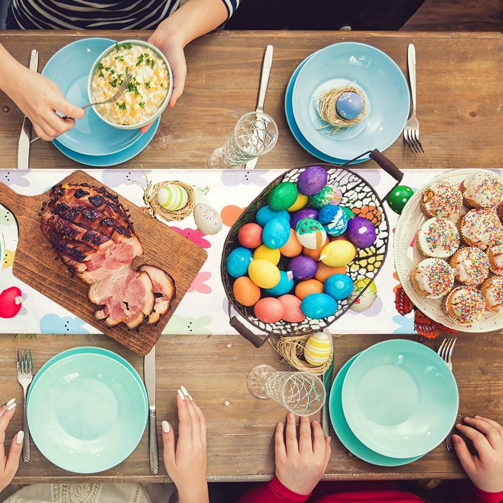 QIHOMPIB Easter Table Runner 13x72 Inch Colorful Rabbits Spring Summer