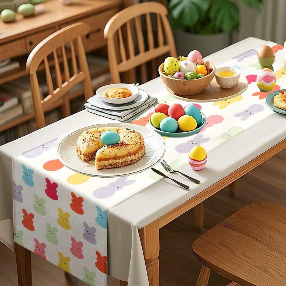 QIHOMPIB Easter Table Runner 13x72 Inch Colorful Rabbits Spring Summer