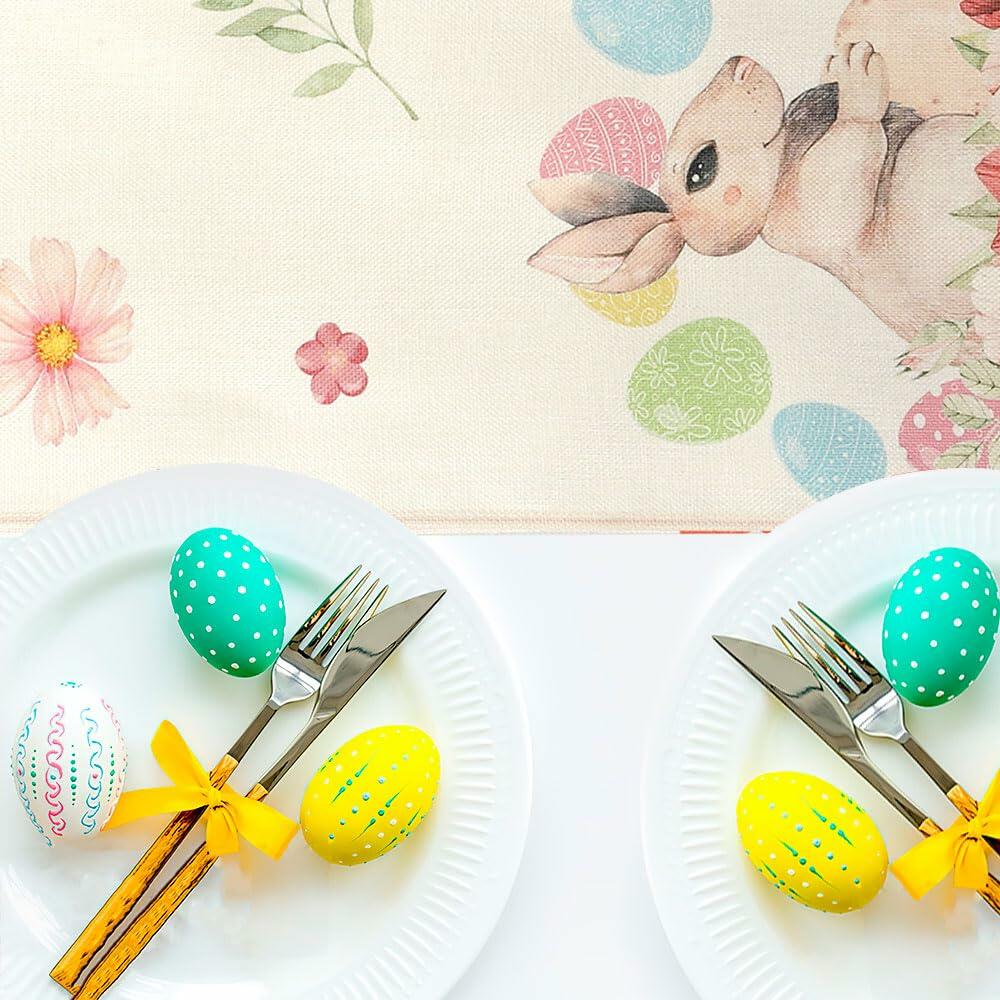 QIHOMPIB Easter Table Runner 13x72 Inch Pastel Rabbit Eggs Polyester