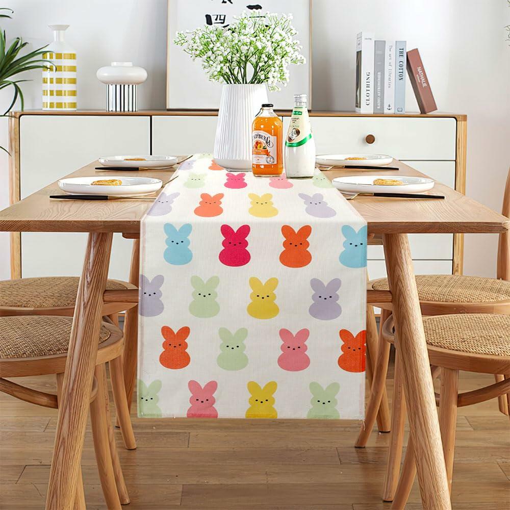 QIHOMPIB Easter Table Runner 13x72 Inch Colorful Rabbits Spring Summer
