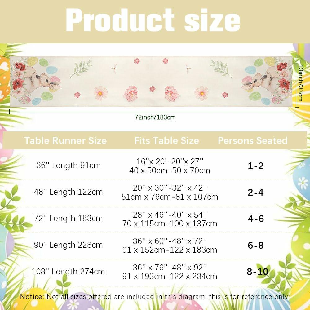 QIHOMPIB Easter Table Runner 13x72 Inch Pastel Rabbit Eggs Polyester