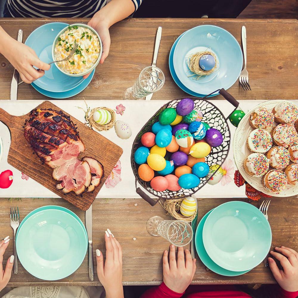 QIHOMPIB Easter Table Runner 13x72 Inch Pastel Rabbit Eggs Polyester