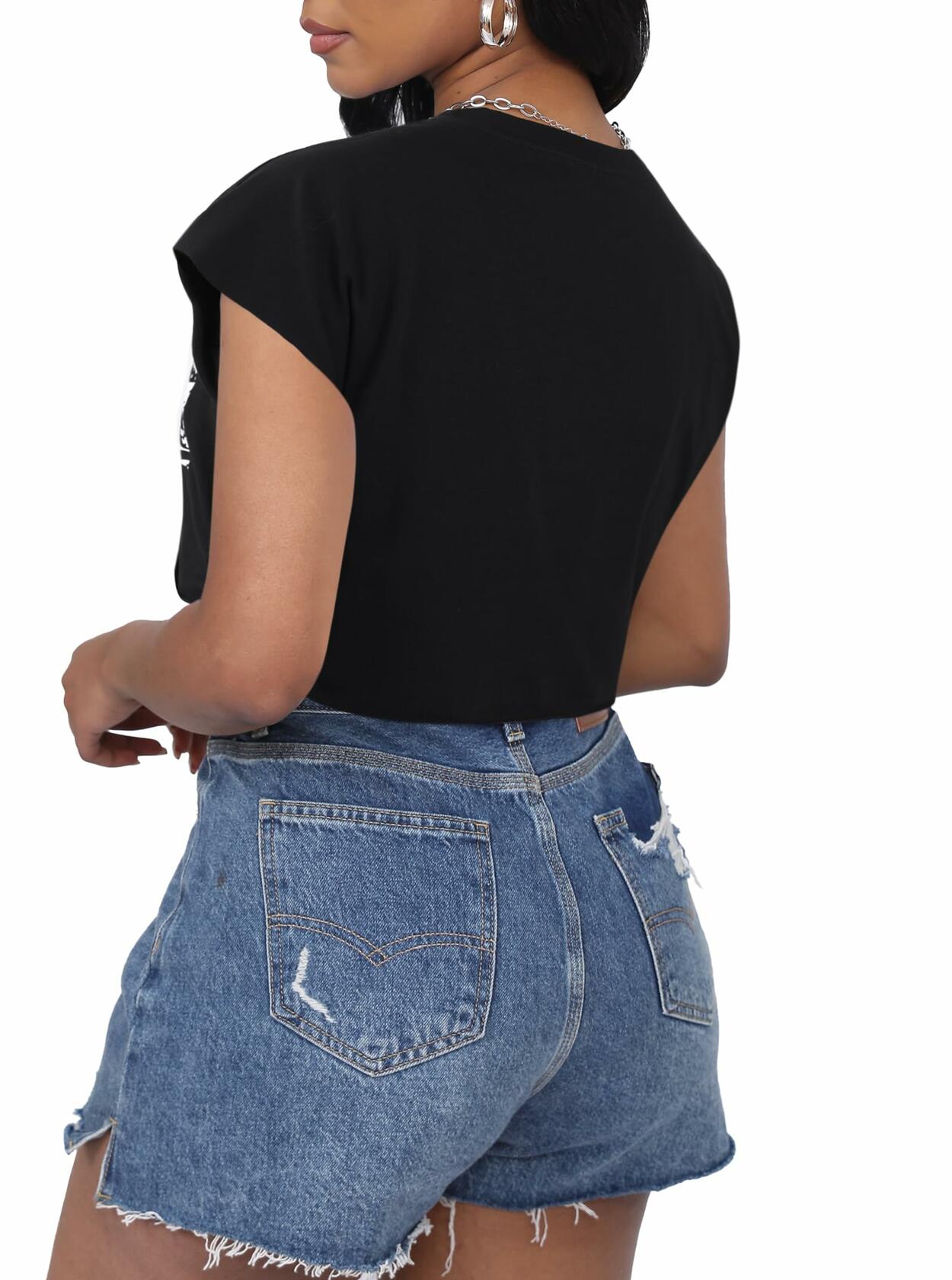 LovelyWholesale Women Cap Sleeve Cropped Graphic Tee Black Size L