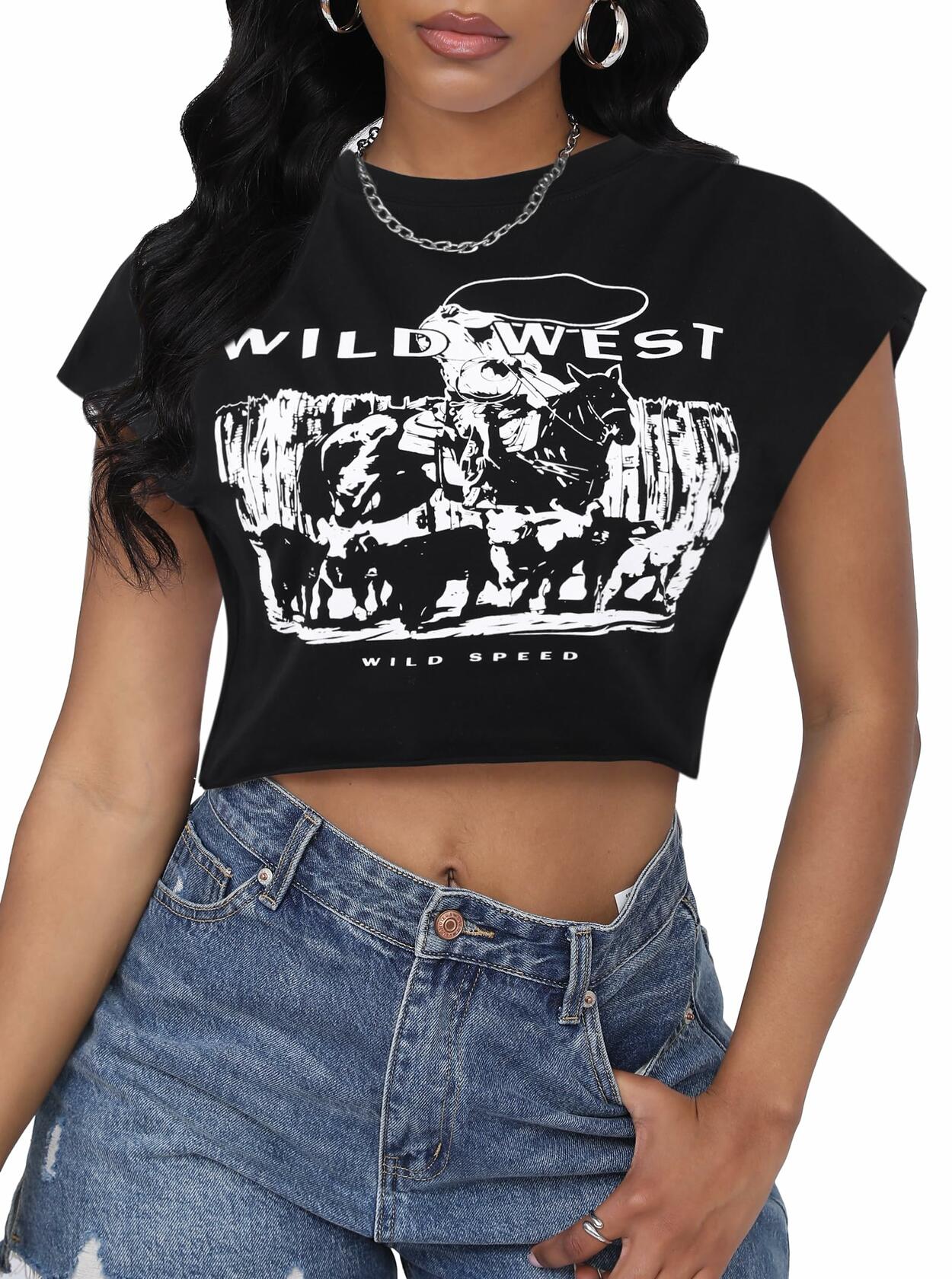 LovelyWholesale Women Cap Sleeve Cropped Graphic Tee Black Size L