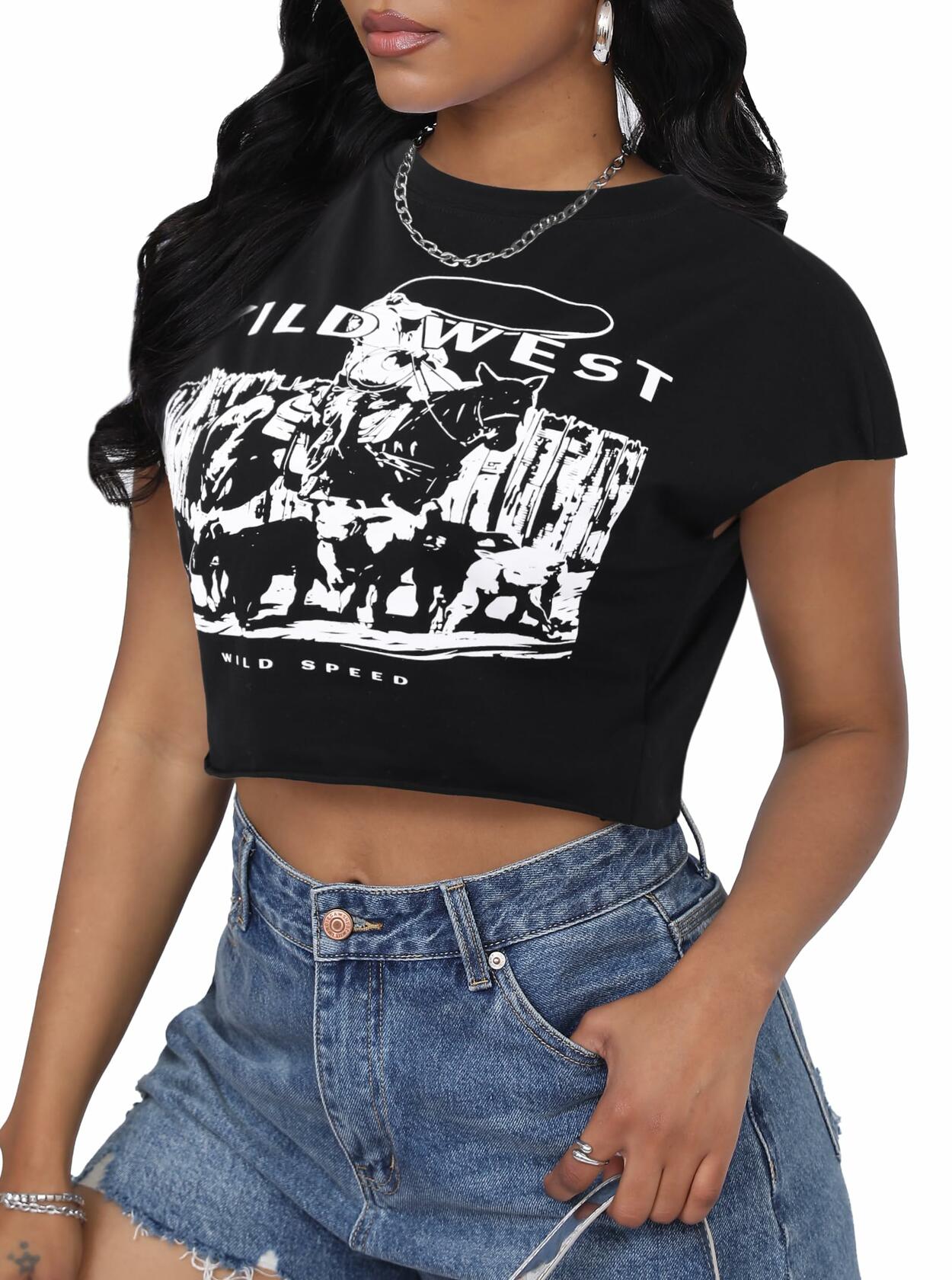 LovelyWholesale Women Cap Sleeve Cropped Graphic Tee Black Size L