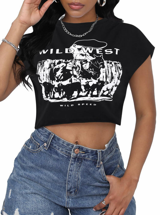 LovelyWholesale Women Cap Sleeve Cropped Graphic Tee Black Size L
