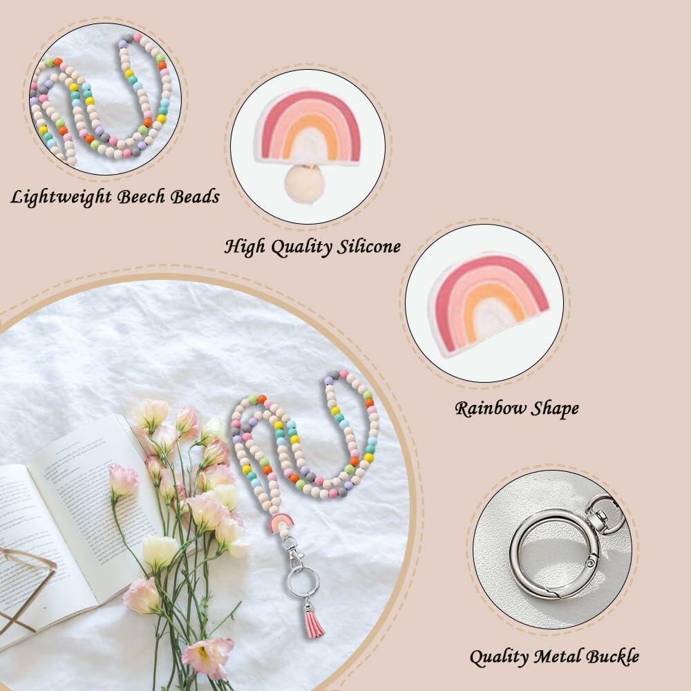 Teacher Lanyard with ID Holder Wooden Bead Silicone Boho Pendant Style E