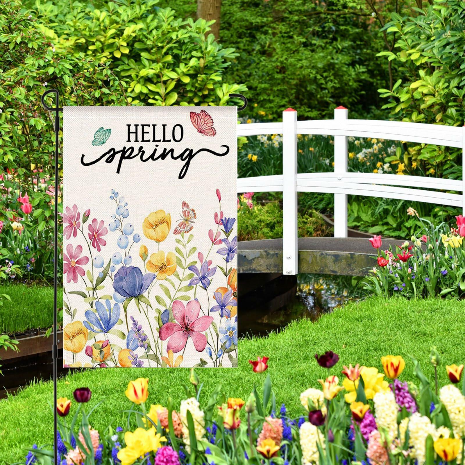 ZRTR Hello Spring Garden Flag 12x18 Inch Double Sided Burlap Floral