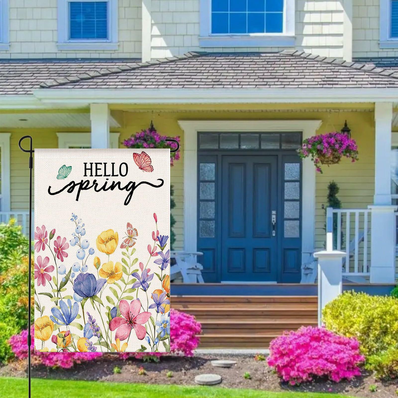 ZRTR Hello Spring Garden Flag 12x18 Inch Double Sided Burlap Floral
