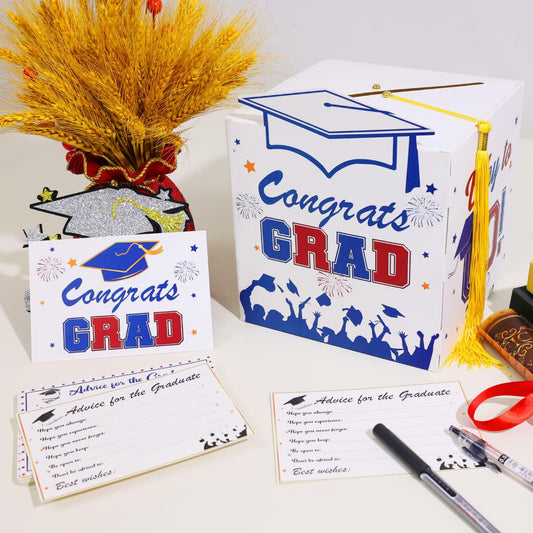 Premium Graduation Card Box Holder with 12 Cards and Tassel, Classic Design