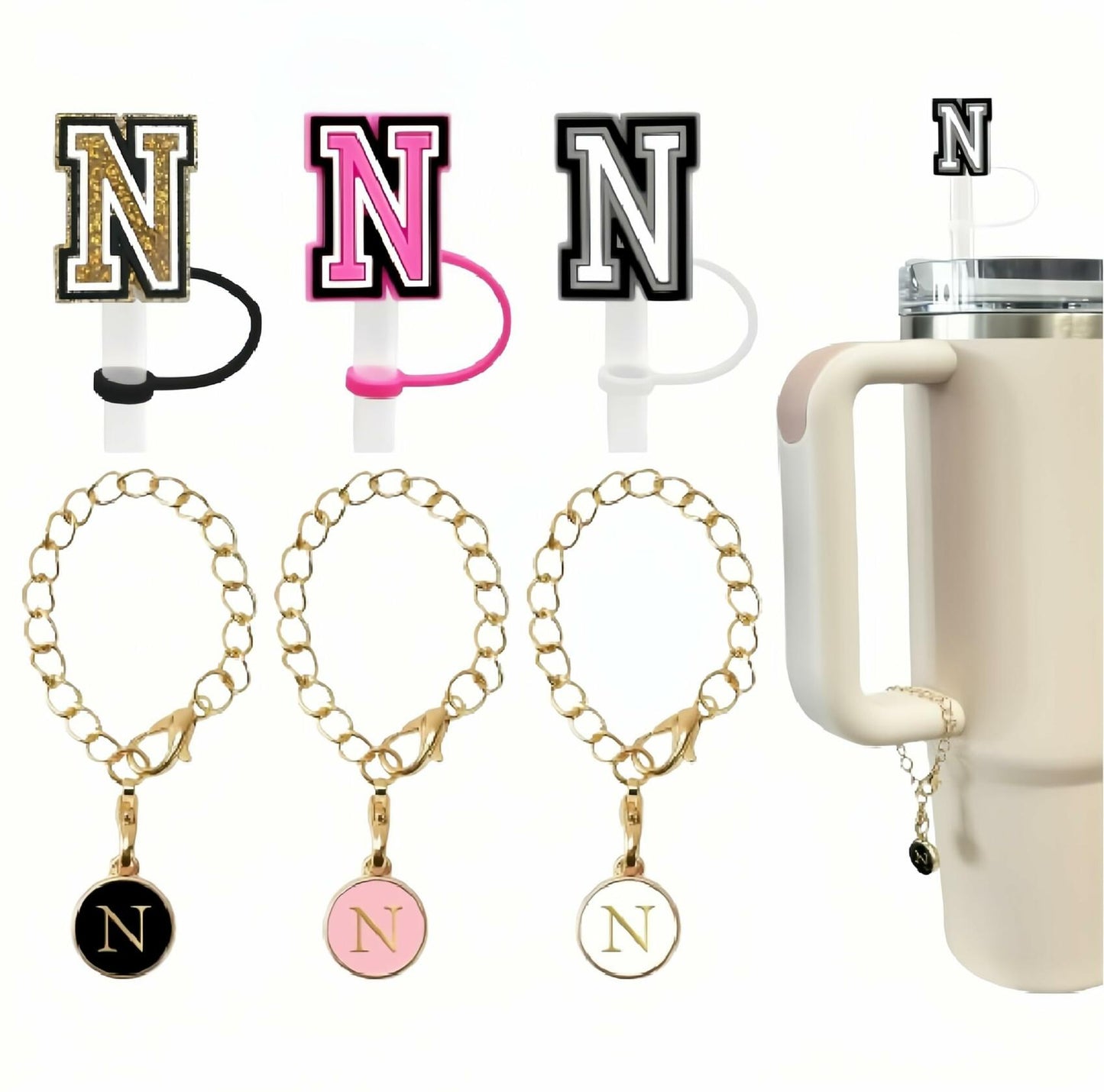 IN CHENTHY Straw Topper 2pcs Letter N Covers + Charm Chain + Alphabet Stickers