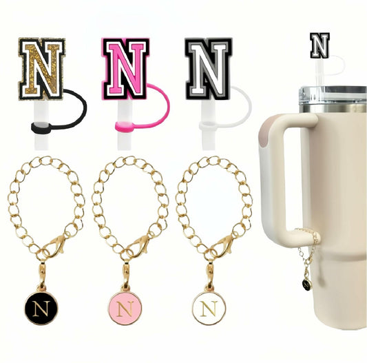 IN CHENTHY Straw Topper 2pcs Letter N Covers + Charm Chain + Alphabet Stickers