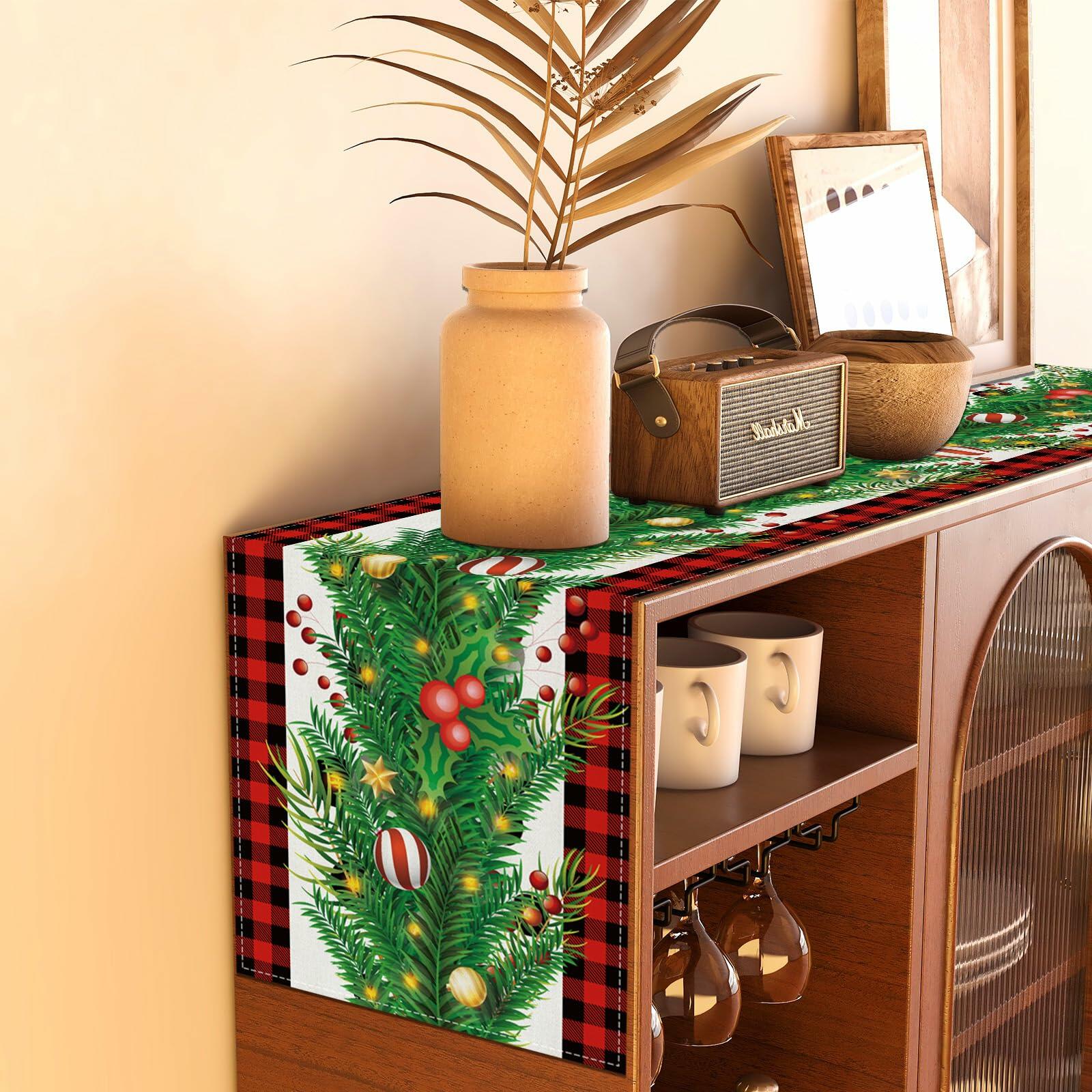 Rvsticty Linen Green Christmas Table Runner 13x36" Winter Xmas Decor