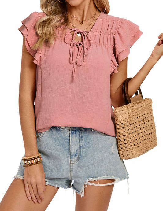Blouses Women V Neck Ruffle Sleeve Drawstring Front Pink Size S