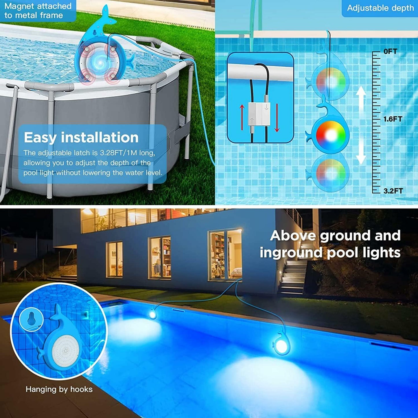 Lanpanzi RGB LED Pool Lights APP Control IP68 Waterproof 25ft Wirecord 1000lm