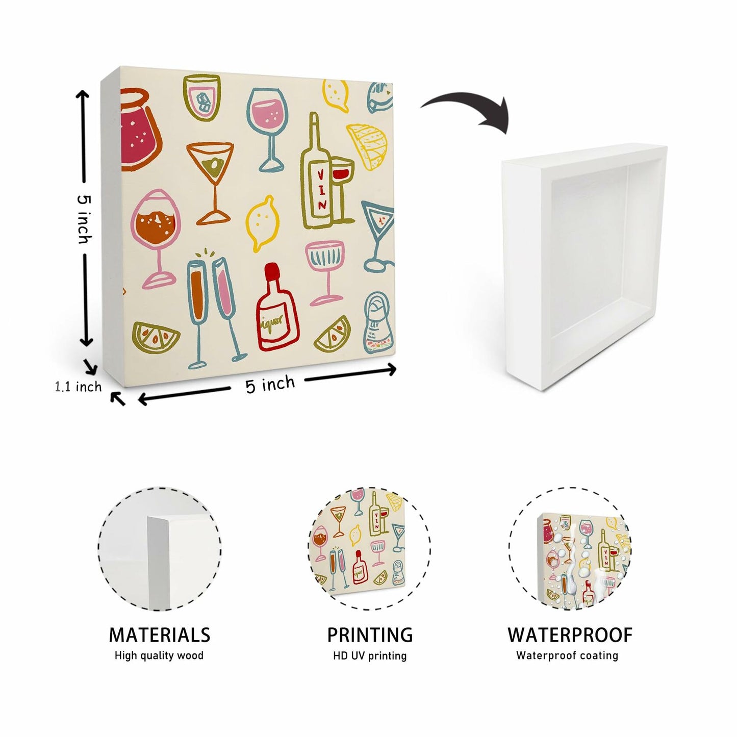 OFlich Wine Bar Wooden Box Sign 5x5 Inches Wine Decor Home Bar Kitchen