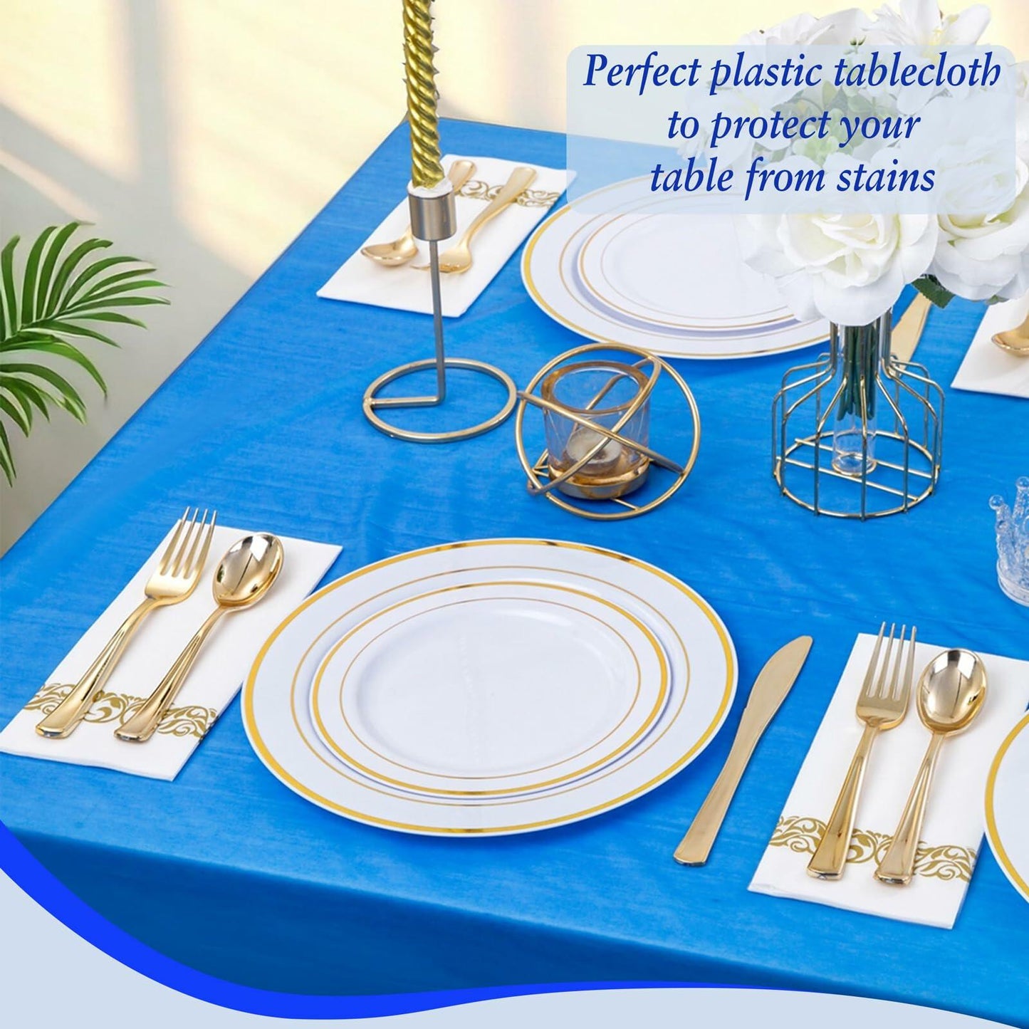 WDF Disposable Plastic Tablecloth Roll 54in x 300ft Blue with Slide Cutter