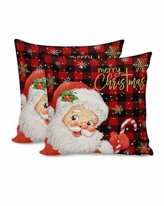 Christmas Santa Claus Pillow Covers 18x18 Set of 2 Red Black Buffalo Plaid