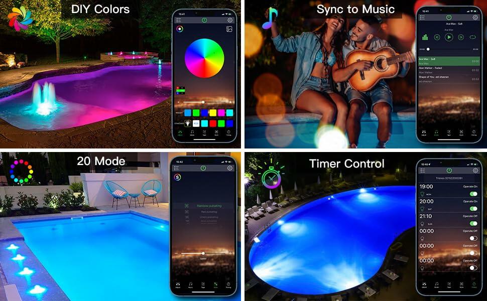 Lanpanzi RGB LED Pool Lights APP Control IP68 Waterproof 25ft Wirecord 1000lm