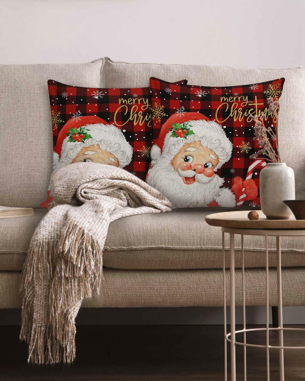 Christmas Santa Claus Pillow Covers 18x18 Set of 2 Red Black Buffalo Plaid