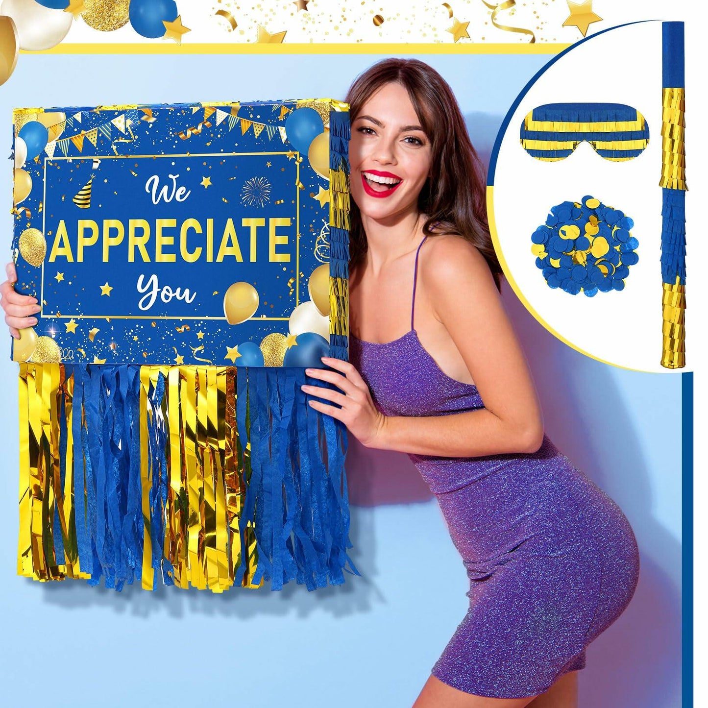 [Like_new] Poen We Appreciate You Piñata with Stick Blindfold Blue Gold Confetti 16x12 Inch