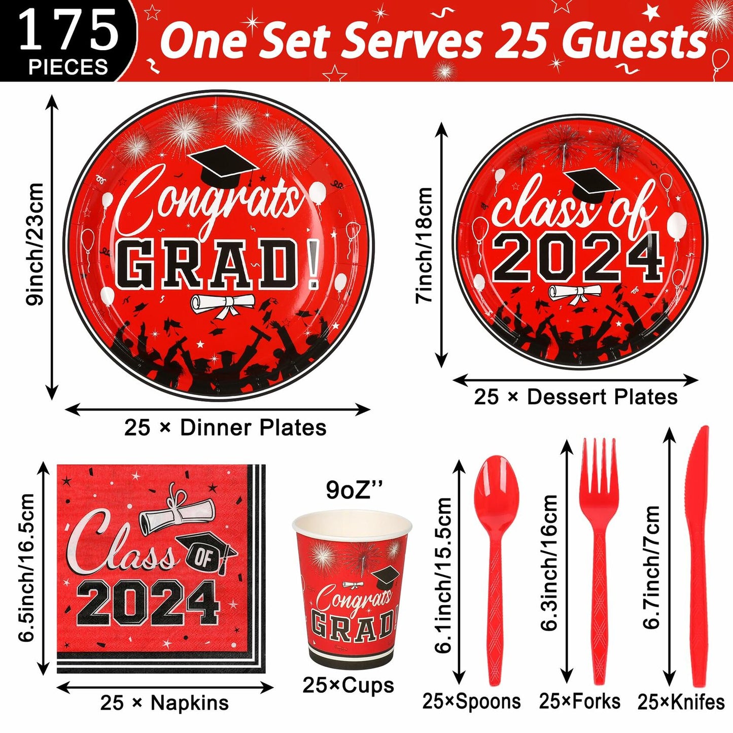 LELEMON Graduation Party Supplies Red Tableware Set Serves 25 Disposable