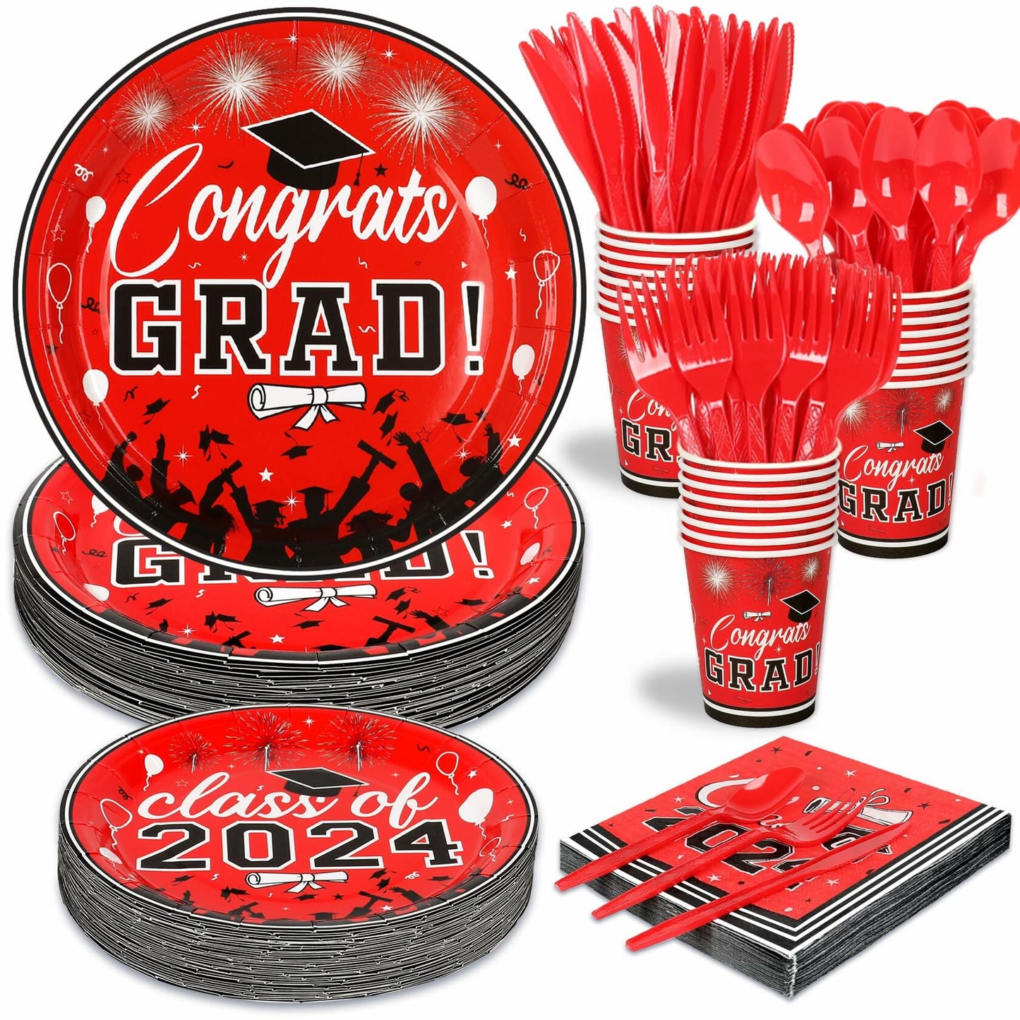 LELEMON Graduation Party Supplies Red Tableware Set Serves 25 Disposable