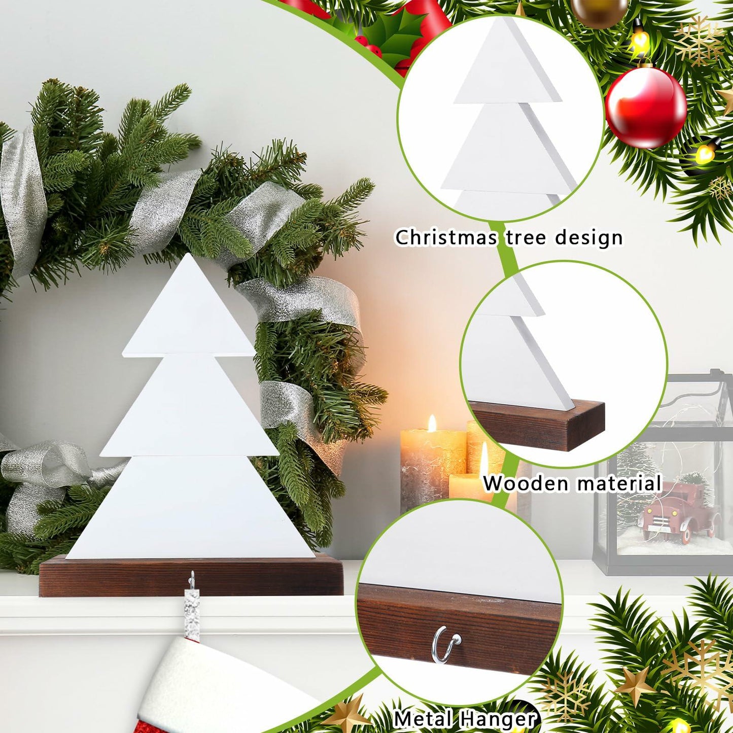 [Like_new] Beeveer Christmas Tree Stocking Holder White Wooden Mantle Hanger 9.8 Inch 2 Pc